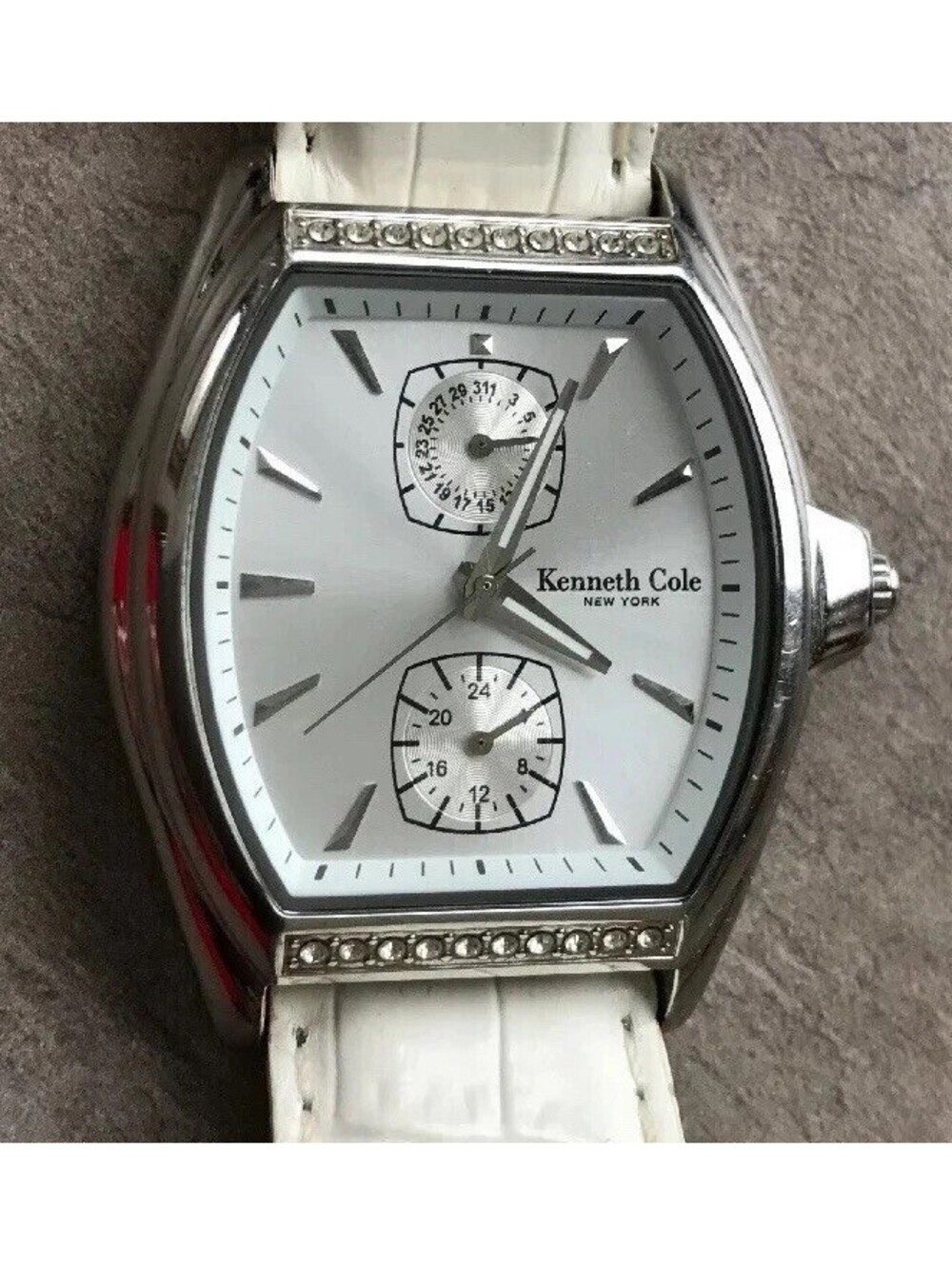 Kenneth Cole Womens Tank Watch KC2344 Two Sub Dials White Leather Band Bin C